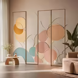 a room with a large, brightly colored abstract painting