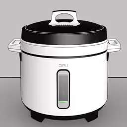 a white rice cooker with black lid on the floor