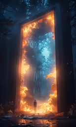 a man standing in front of an open door that looks like a fire