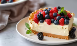 a piece of cheesecake has berries and mint on it