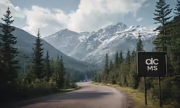a road with some trees and a sign