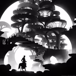 a silhouetted image of a person with a horse in front of a building