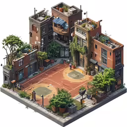 an old - fashioned street and playground courtyard with lots of plants on the roof