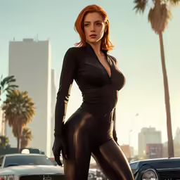 a woman in a sexy black suit standing next to a car