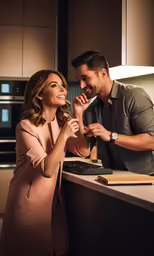 a woman is smiling as a man stands next to her in the kitchen