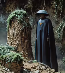 a person dressed in a blue costume and black cape