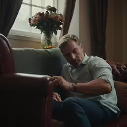a man sitting on a couch holding his hand under his chin