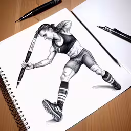 a drawing on top of a notebook next to some markers and pens,drawing of female hockey player by artist jordy stork,an artist