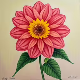a painted artwork depicting a single pink flower with green leaves,a painting of a flower on a canvas