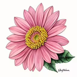 a pink flower with green leaves on a white background