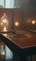 the candlelight is next to the small glass bottle