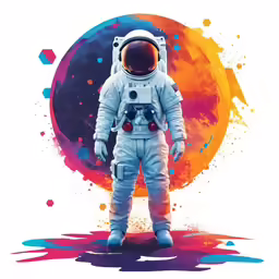 an astronaut standing on a colorful paint splattered background