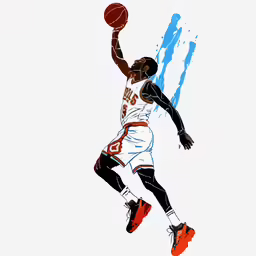the basketball player is jumping high and holding the ball