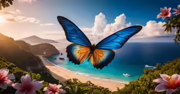 a blue butterfly flying over some pink flowers