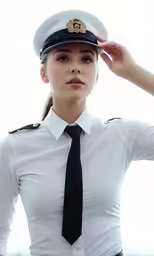 the woman is dressed in an uniform and holds her hat