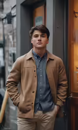 young man with coat and jeans on posing in the street