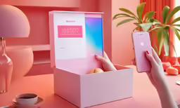 a person is holding a phone in an open pink box