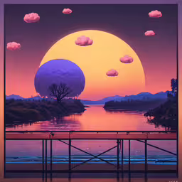 artwork of a surreal landscape with clouds and an island,a view of the sunset over some water
