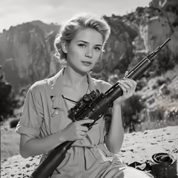 the lady in the photo is holding up a gun