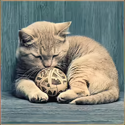 a kitten laying on the floor with his head on a ball