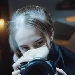 the girl is holding a camera up to take a picture