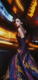 a young woman poses in a long dress in front of a piano