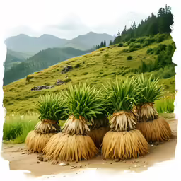 there are four green and brown grass plants in the mountains