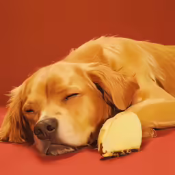 a brown dog sleeping with its head on a white banana