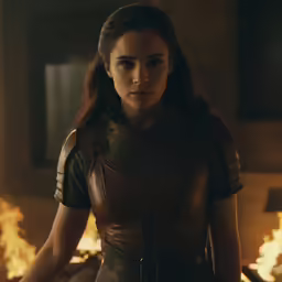 a girl wearing armor with flames surrounding her