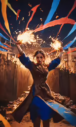 the young woman is excited by the fire with her hands