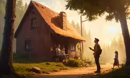 the person is standing outside by the house,a group of people standing in front of a wooden house