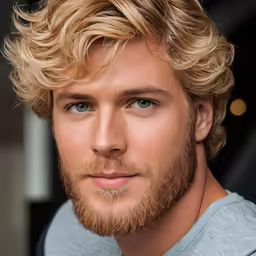 a young man with long blond hair is looking at the camera
