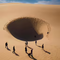 people are walking up a large dune in the desert
