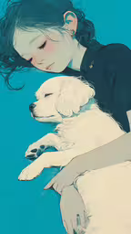a girl is hugging a dog while lying down,a woman with a white dog near the water