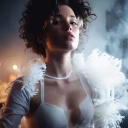 woman in white outfit standing with feathered jacket