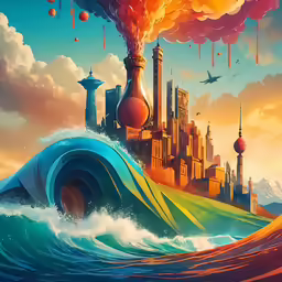 the painting is of a castle and waves