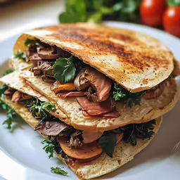 a plate topped with a cut in half meat and vegetable sandwich