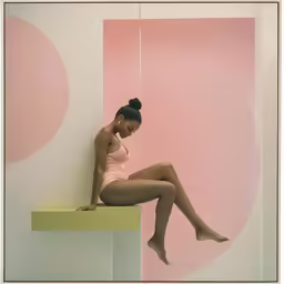 woman in pink lingerie sitting on side table against abstract pink and white background