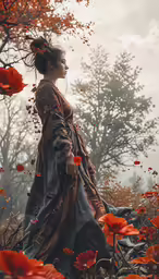 a woman walking through a field of flowers