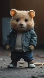 a stuffed animal dressed in clothes stands near a door