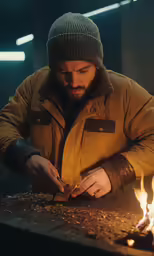 man in brown coat lights a flame with matches