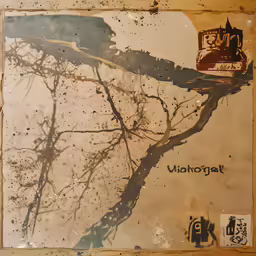 a painting that has a tree branch and water on it
