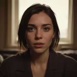 woman with dark eyes in a room by window