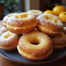 a plate topped with donuts on top of a wooden table
