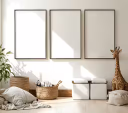 posters and gifts on a wall with giraffes in the background