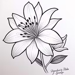 a drawing of a lily with leaves and petals,a drawing of a white flower with a green stem,a drawing of a flower that is drawn on paper,a flower with leaves and petals drawn on paper,black and white drawing of a flower on paper
