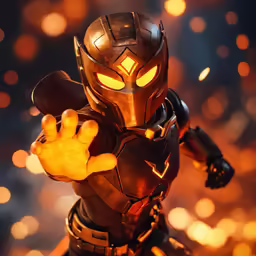a toy man in a suit standing next to many lights