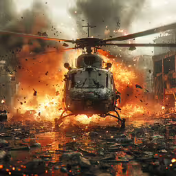there is a large explosion in the city,a helicopter that is flying near some rocks