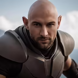 man wearing futuristic clothing looking at the camera