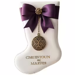 a christmas stocking shaped like a boot with a ribbon and an ornate charm on top